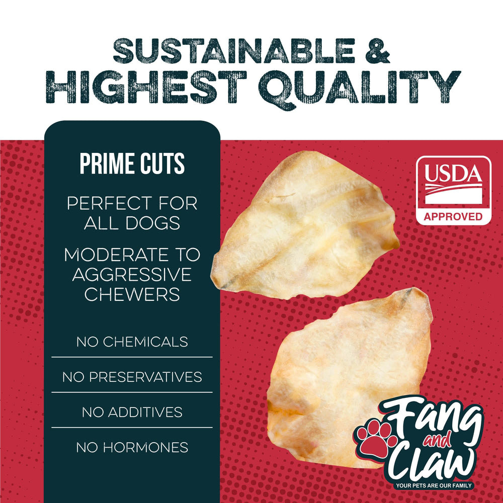 Fang and Claw buffalo ears close-up shows natural texture for dental-friendly use.