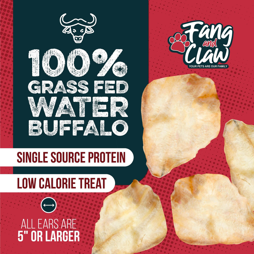 Fang and Claw buffalo ears in bowl hinting at long-lasting chew for mid-to-large dogs.