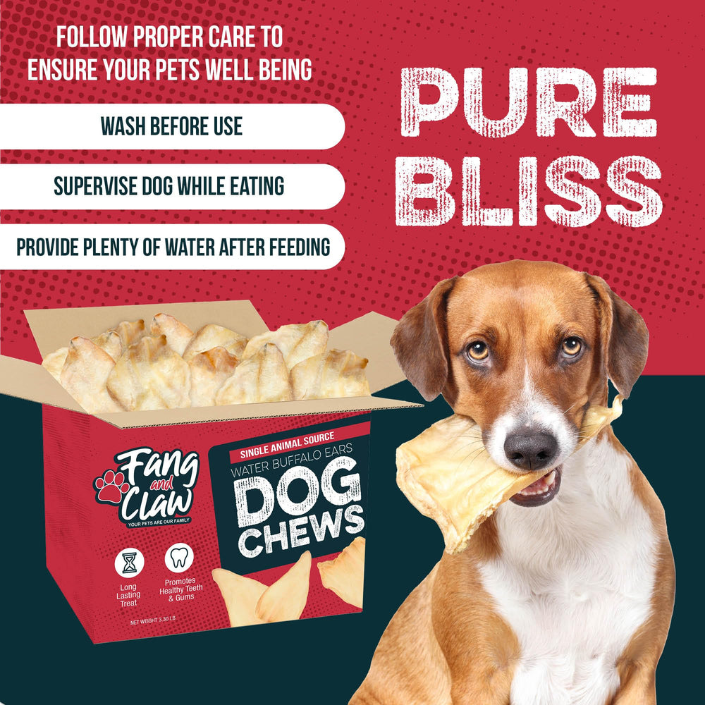 Fang and Claw buffalo ears packaging label signals single-ingredient grain-free protein.