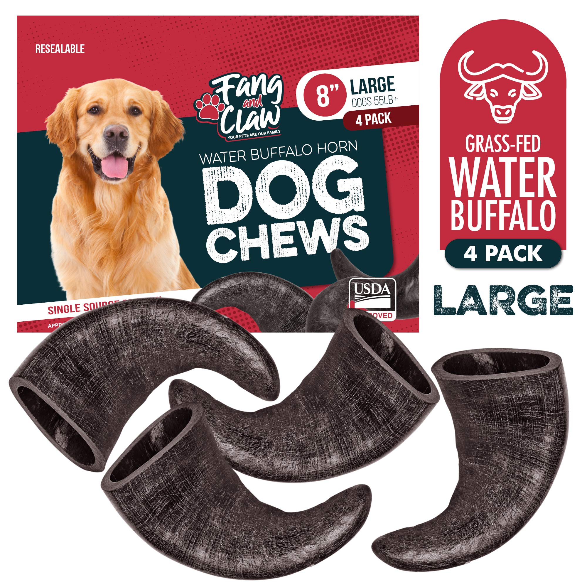 Fang and Claw 8-inch buffalo horn chew shown with natural color and texture
