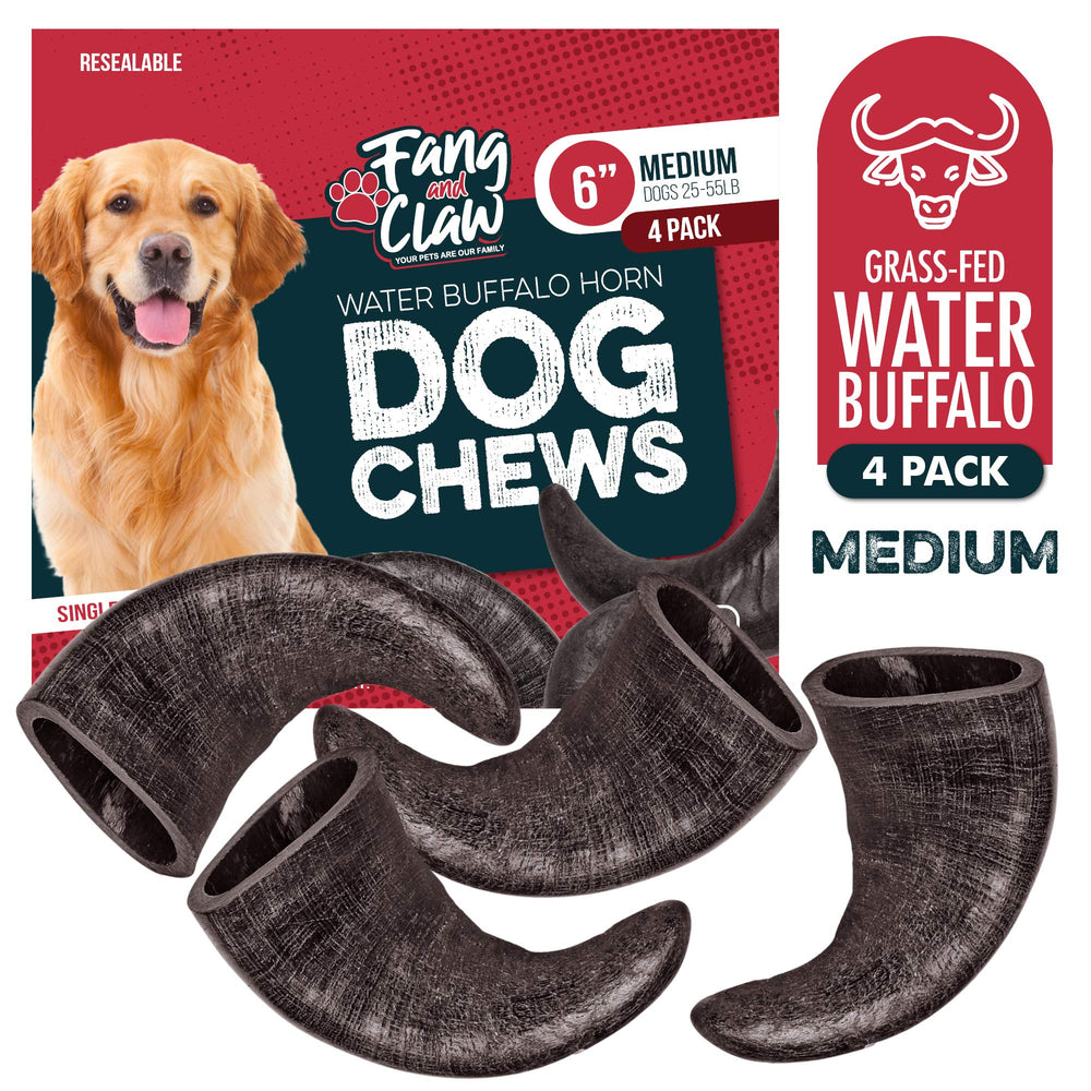 Fang and Claw buffalo horn chew pack on surface ready to use