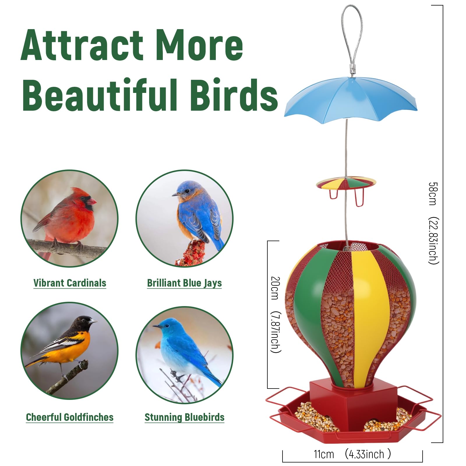 Fanosy bird feeder outdoors easy-hang with steel cable and no tools required