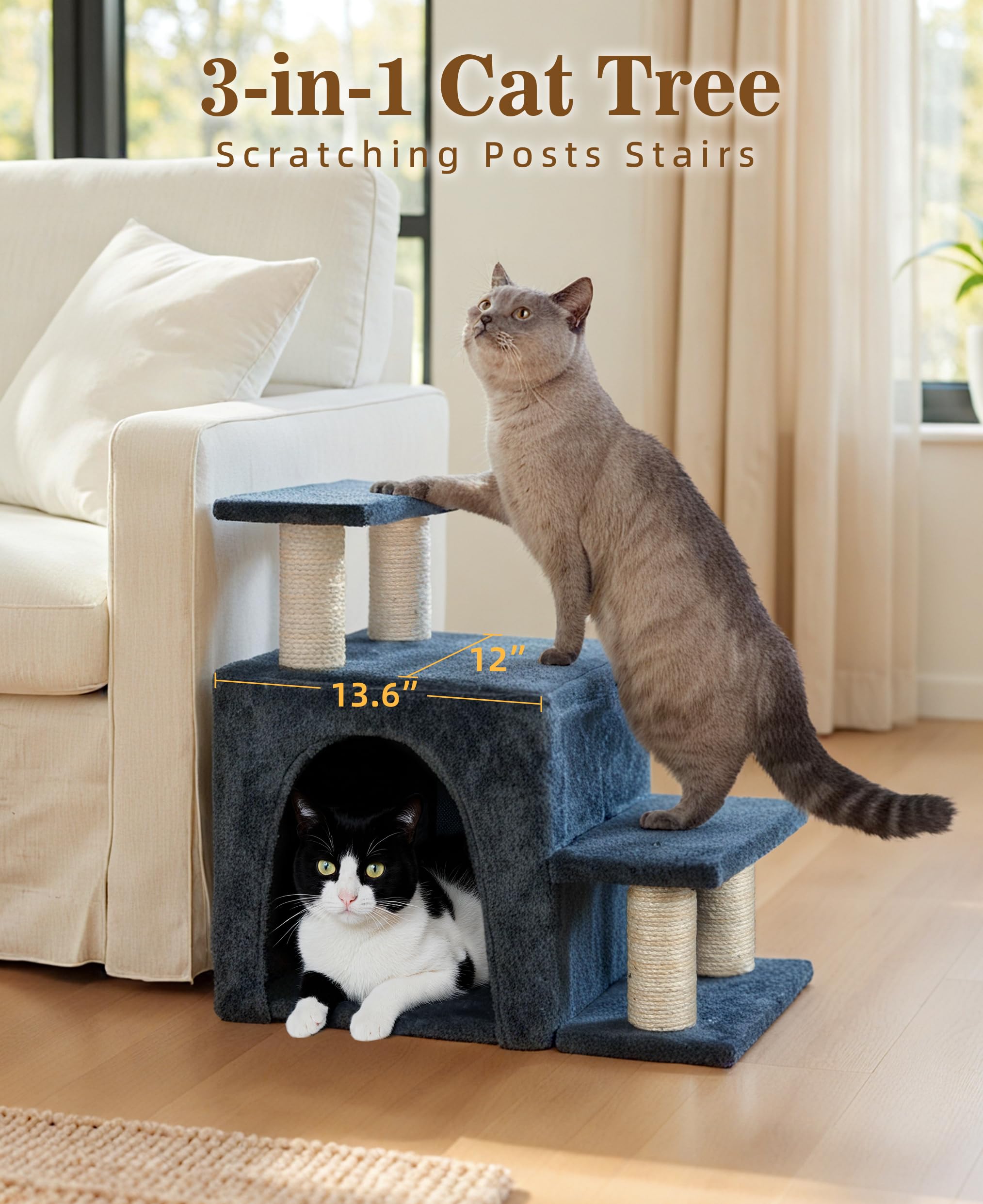 Fantasreen cat condo with sisal scratching posts promotes indoor clawing.