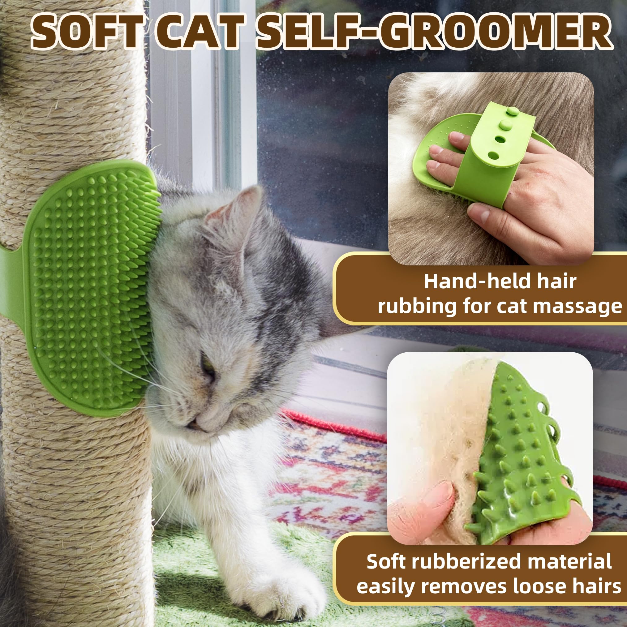 Fantasreen cat self-groomer with soft rubber bristles for gentle facial massage.