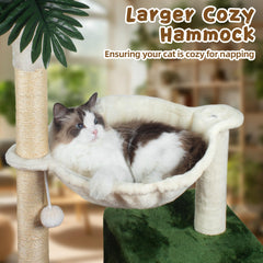 Fantasreen cat-tree condo and hammock provide secure napping and lounging space.