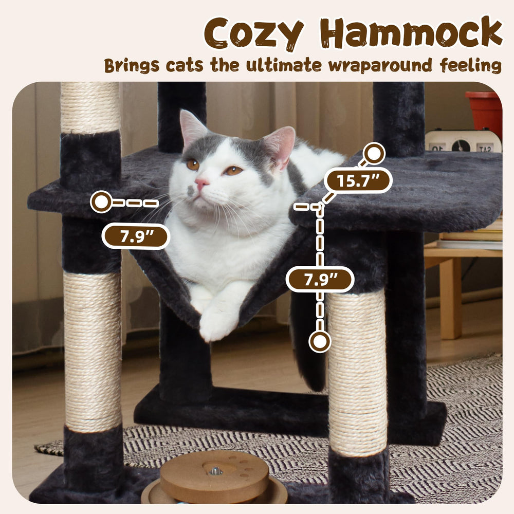 Fantasreen cat tree condo shows roomy hideaway for kittens and adults.