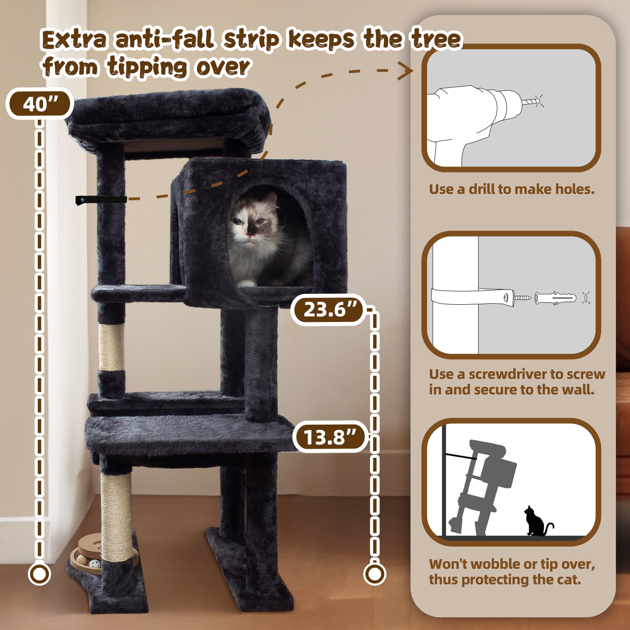 Fantasreen cat tree includes hanging ball for interactive playtime and enrichment.