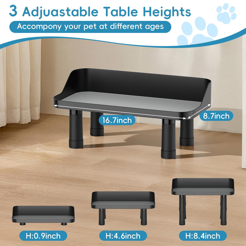 Farafox 3-height adjustable stand shows varied heights for different dogs.