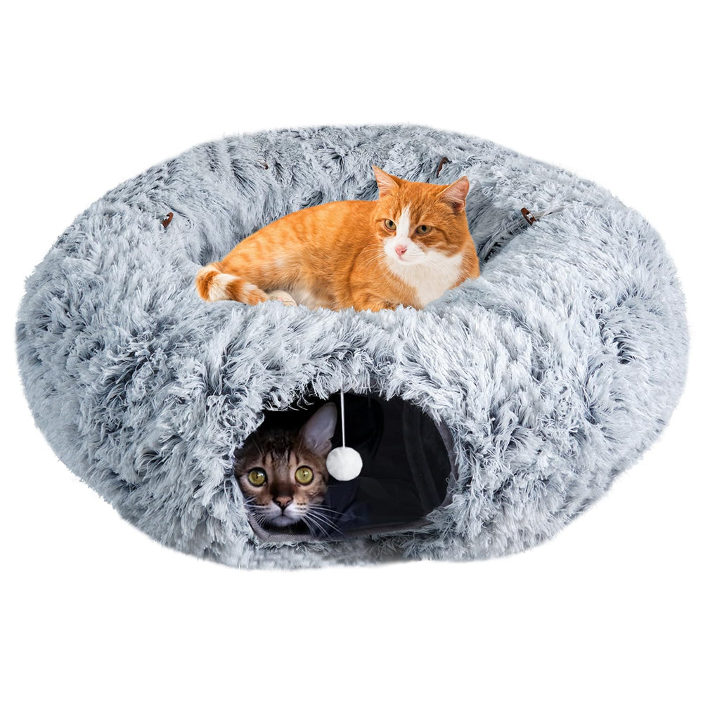 Farhming cat tunnel donut grey shows cozy nap space for indoor cats.