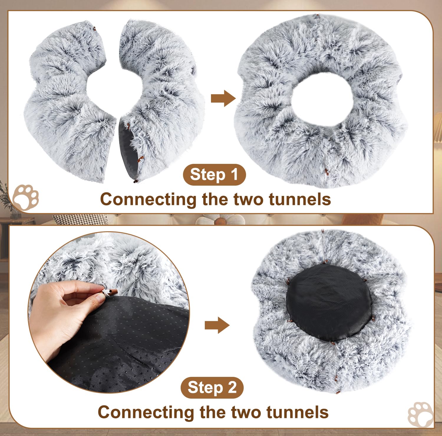 Farhming cat tunnel flexible shape adapts to room layouts.