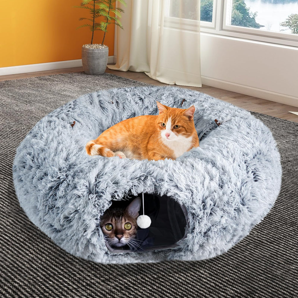 Farhming cat tunnel hanging cotton-ball toy keeps cats engaged.
