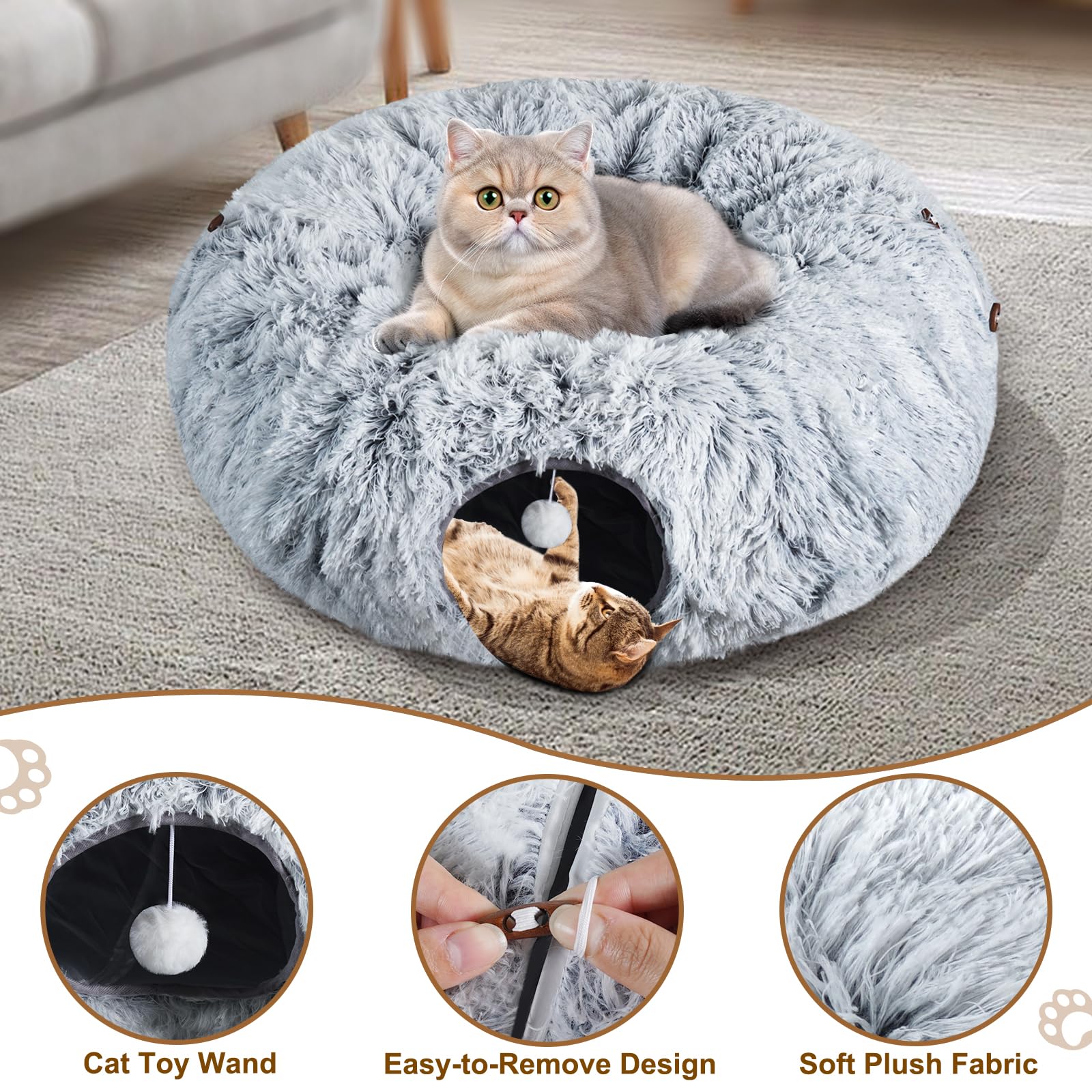Farhming cat tunnel plush fabric enhances warm lounging.
