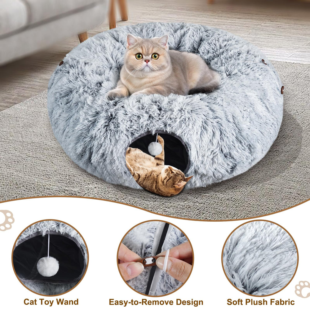 Farhming cat tunnel plush fabric enhances warm lounging.