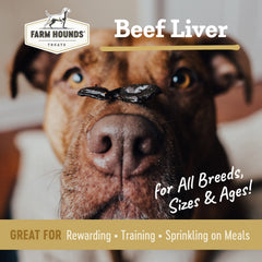 Farm Hounds Beef Liver Jerky closeup shows single-ingredient liver for dogs.