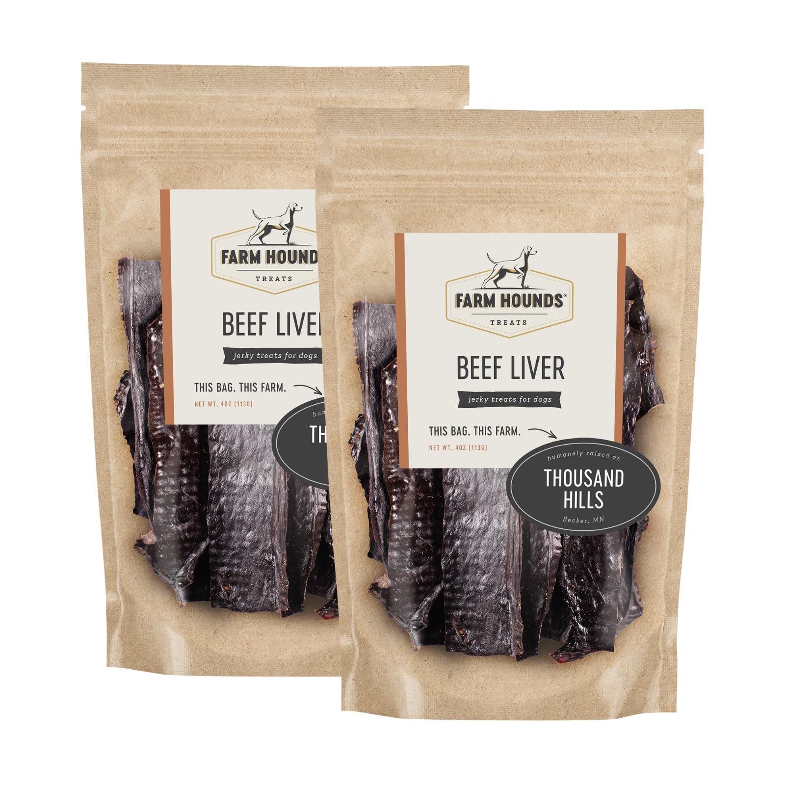 Farm Hounds Beef Liver Jerky pack-front with two 4oz bags for dog training rewards.