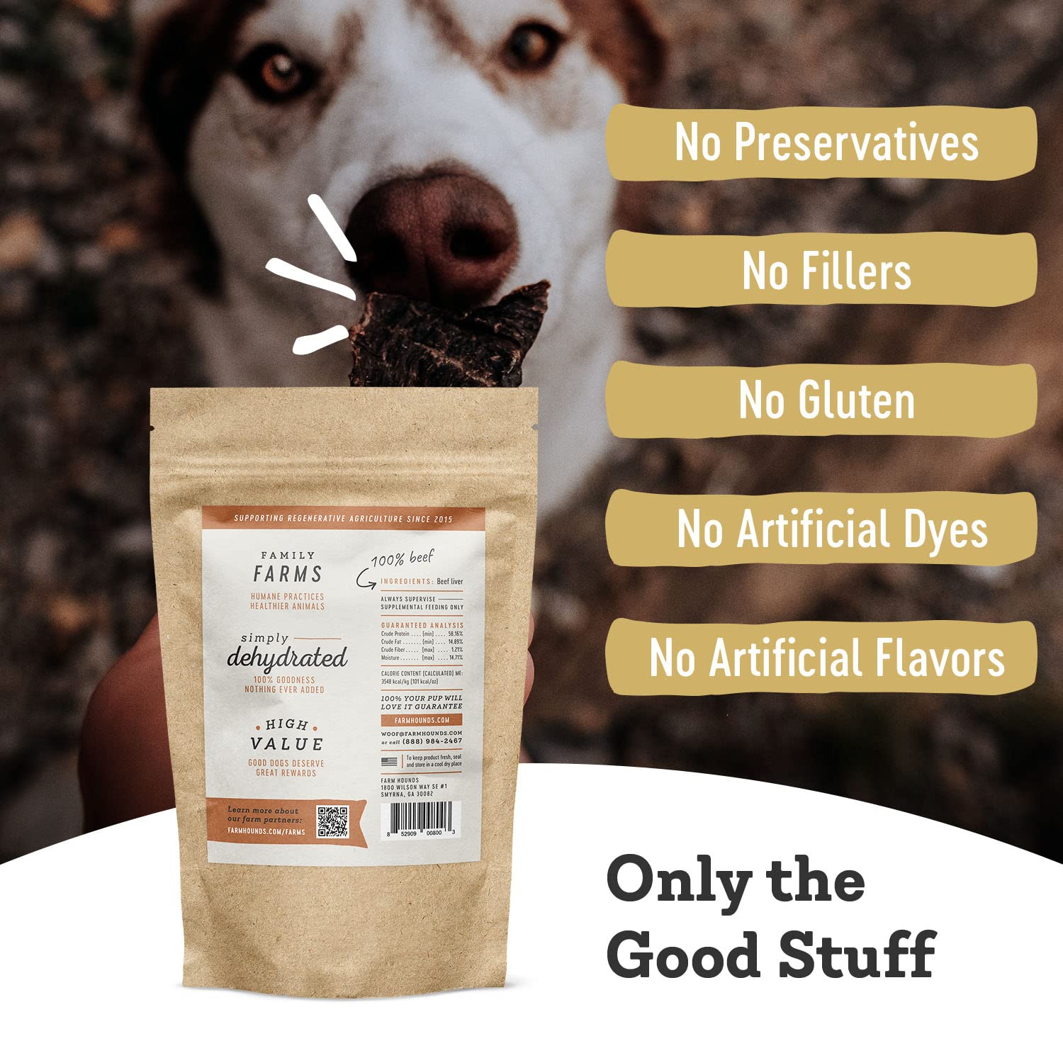 Farm Hounds Beef Liver Jerky USA-made packaging emphasizing no fillers.