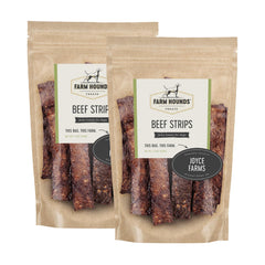 Farm Hounds Beef Strips pack front with two 4.5 oz bags for dogs