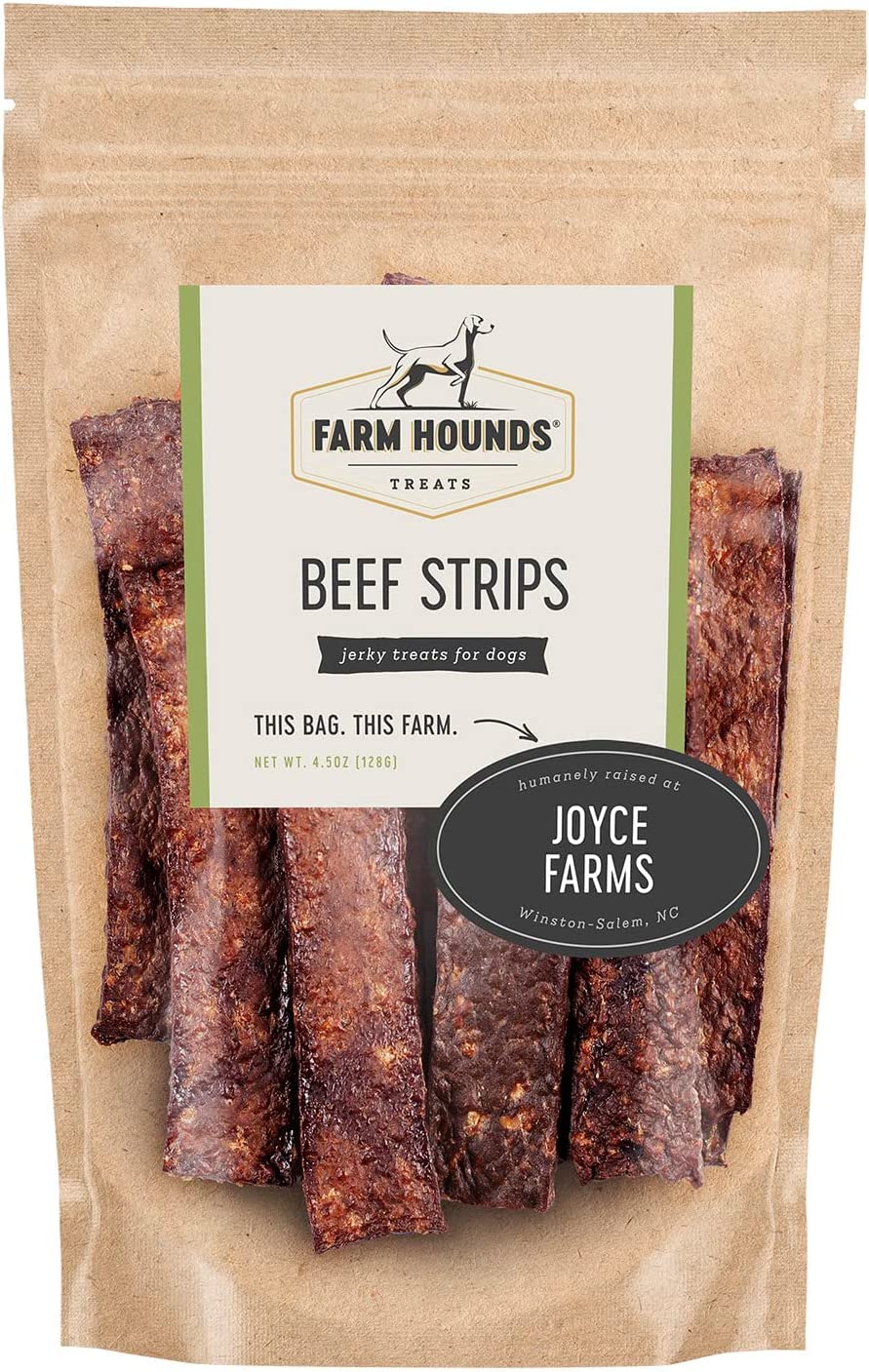 Packaging showing two bags of Farm Hounds Beef Strips