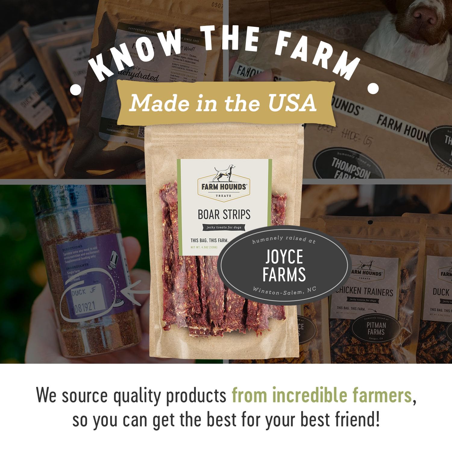 Farm Hounds Boar Strips USA-made label highlighting humane farms