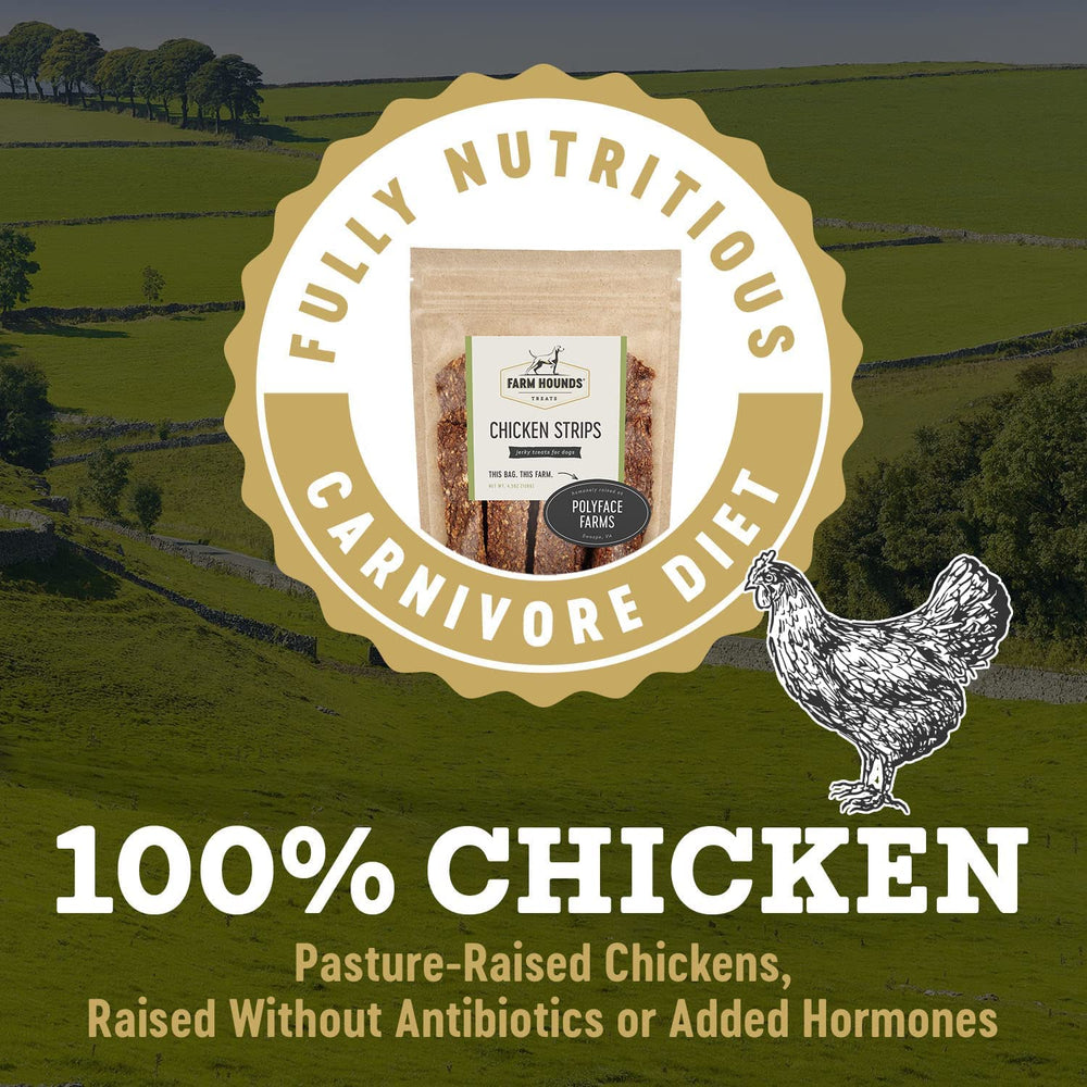 Farm Hounds Chicken Strips close-up texture shows natural jerky bite
