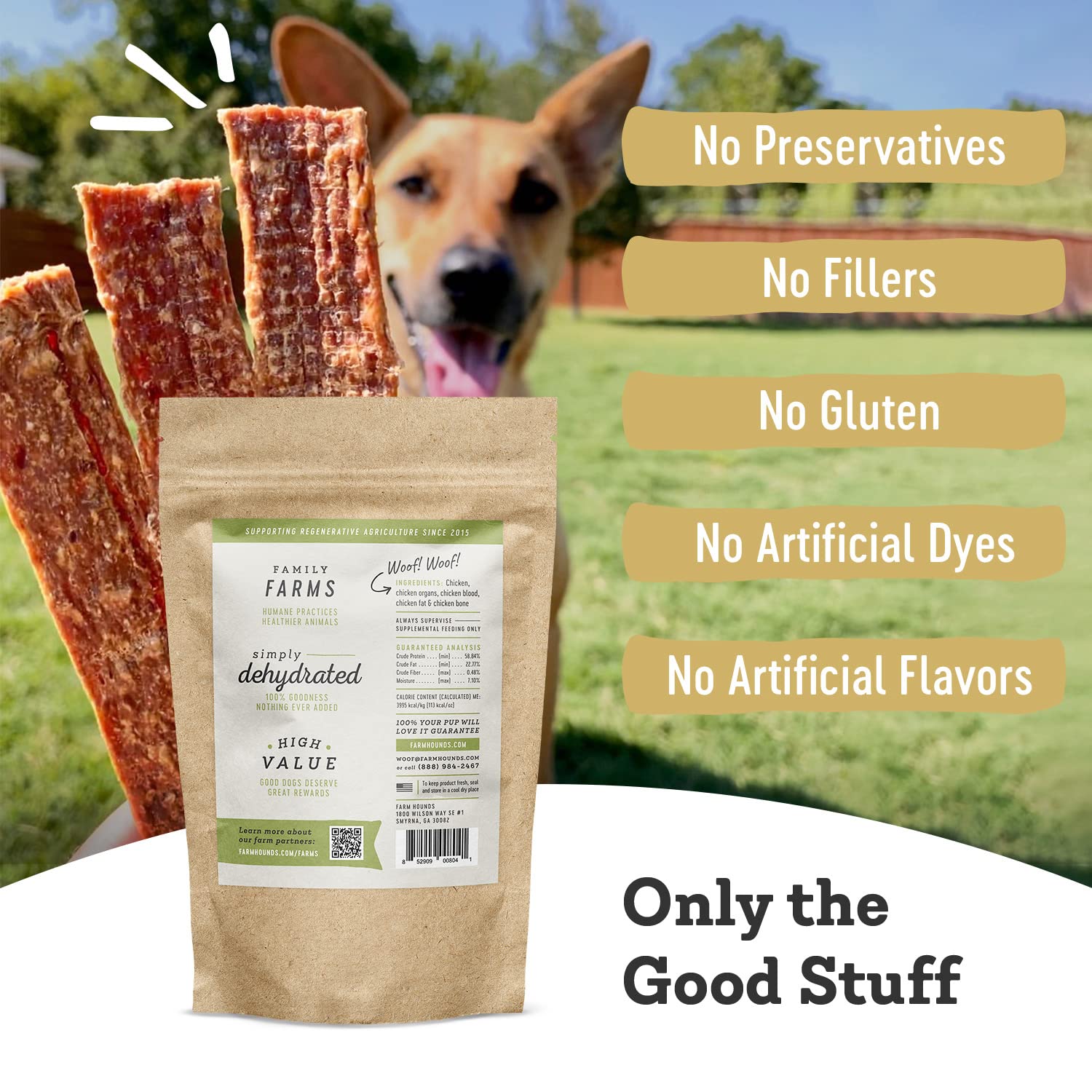 Farm Hounds Chicken Strips dog sniffing treat for reward.