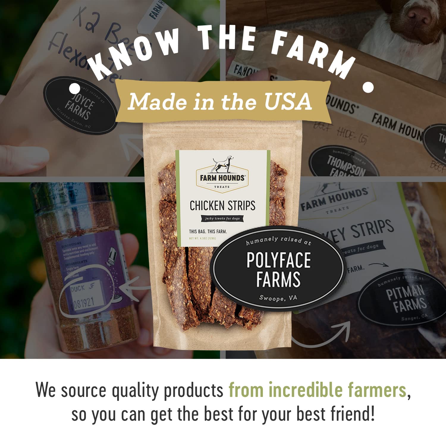 Farm Hounds Chicken Strips bag label with farm-origin info for trusted sourcing.