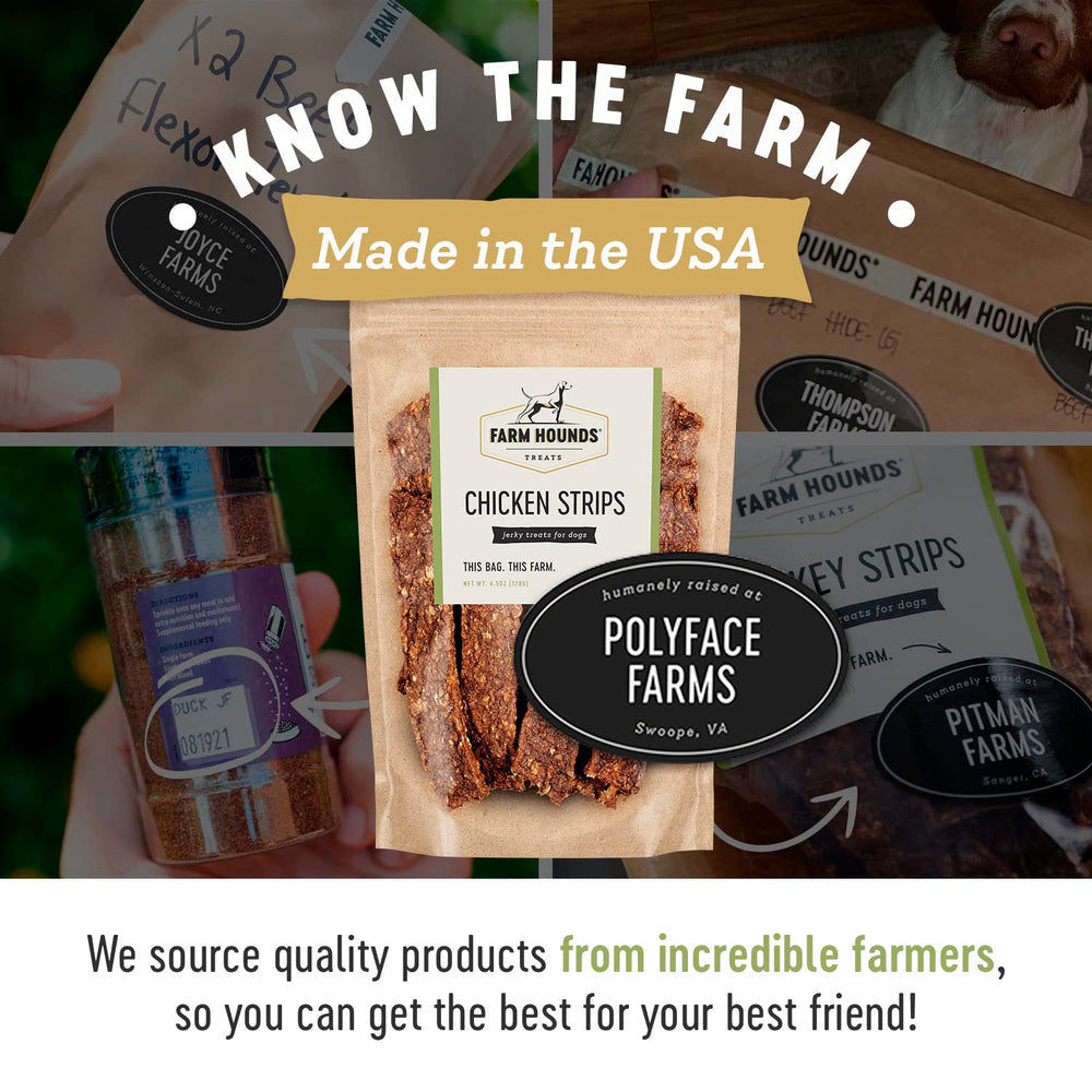 Farm Hounds Chicken Strips bag label with farm-origin info for trusted sourcing.