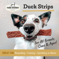 Farm Hounds Duck Strips close-up shows chewy jerky texture for dogs.