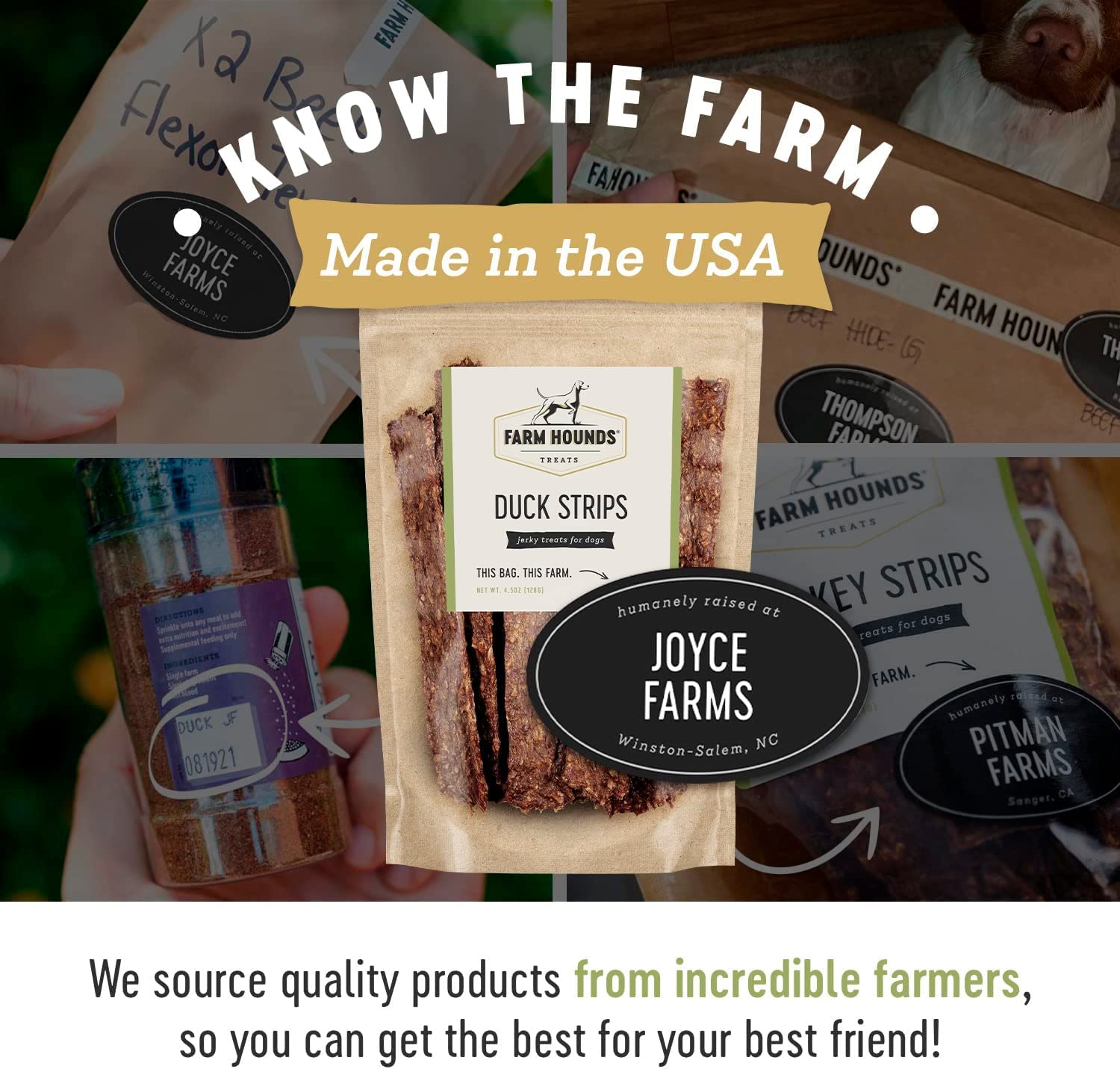 Farm Hounds packaging label emphasizes no fillers and humane sourcing.