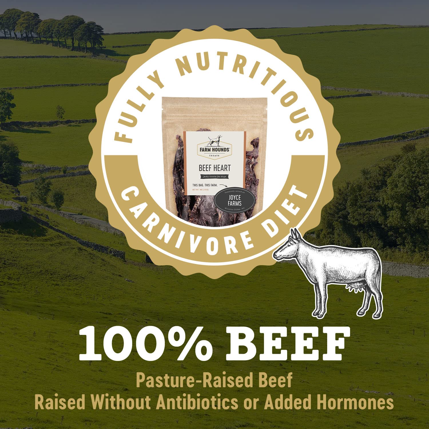 Farm Hounds single-ingredient beef heart image showing natural, pure dog chew