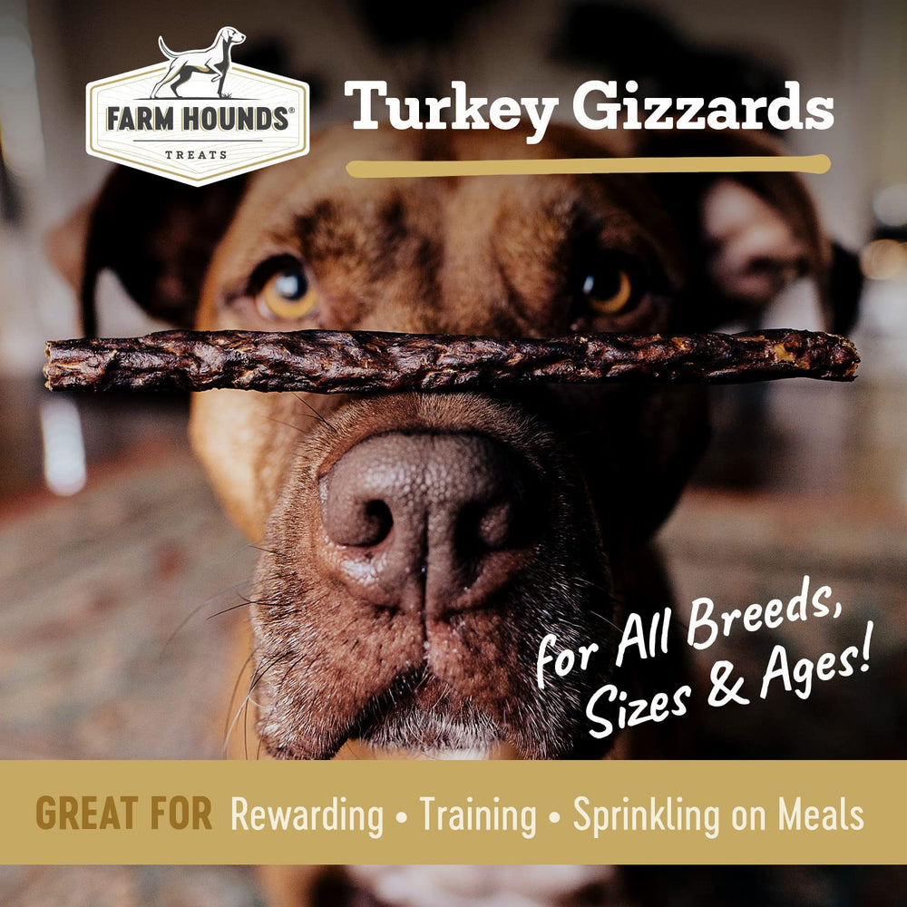 Farm Hounds turkey gizzards break-to-size treats highlighted for training.