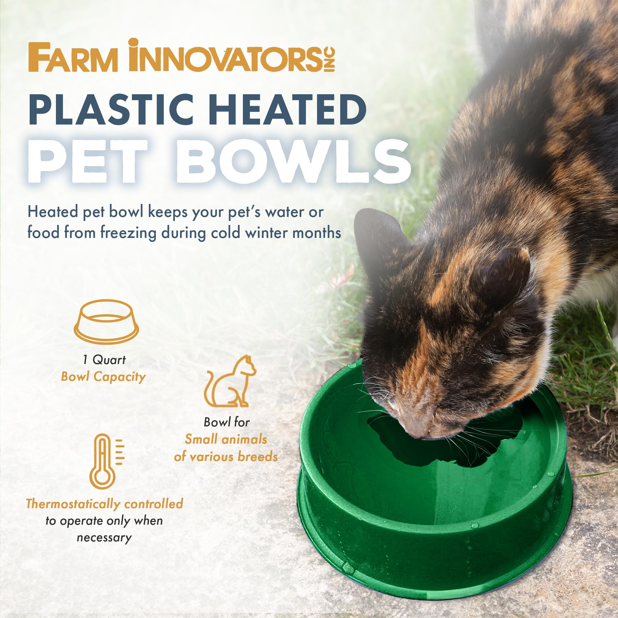 Farm Innovators 1qt heated water bowl side view highlights compact anti-tip base