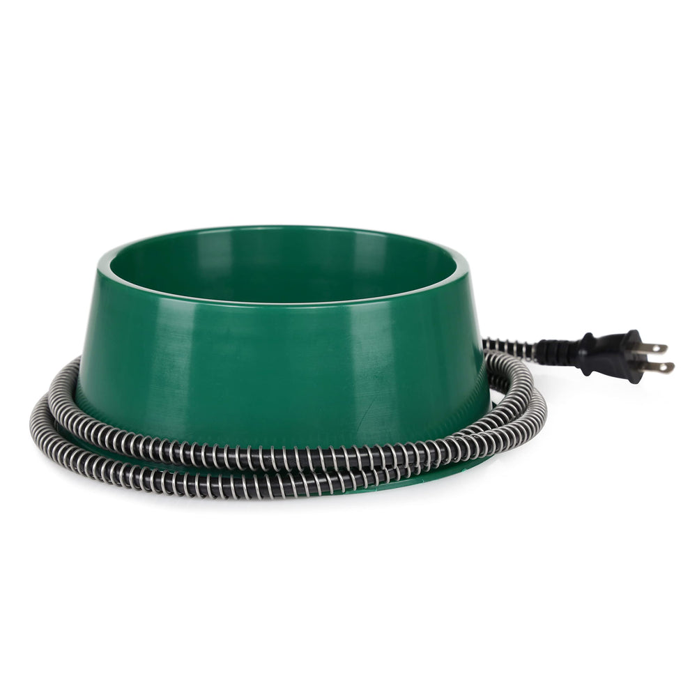 Farm Innovators heated water bowl in use with outdoors pets during winter