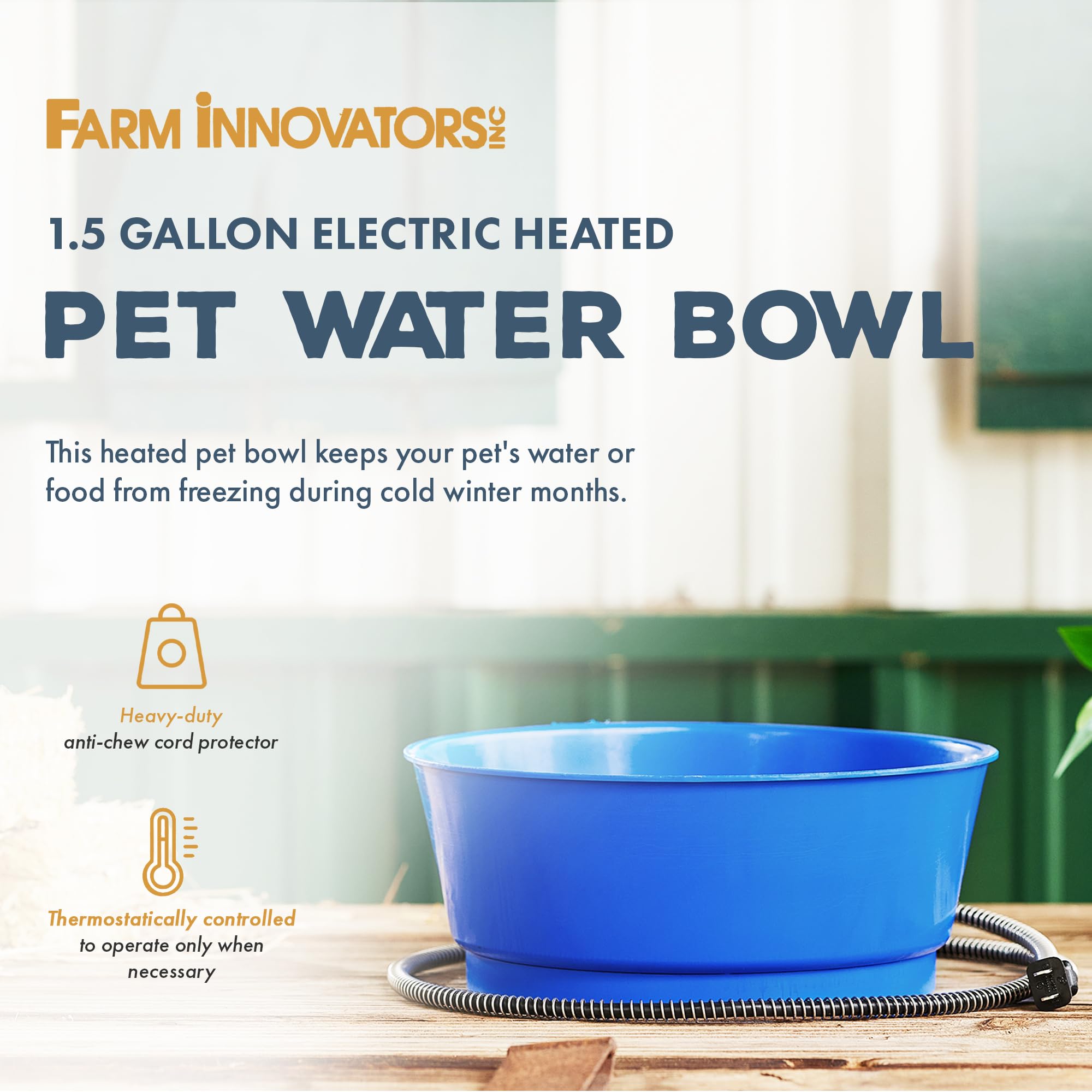 Farm Innovators R-19 blue bowl outdoor-use image keeps pets hydrated