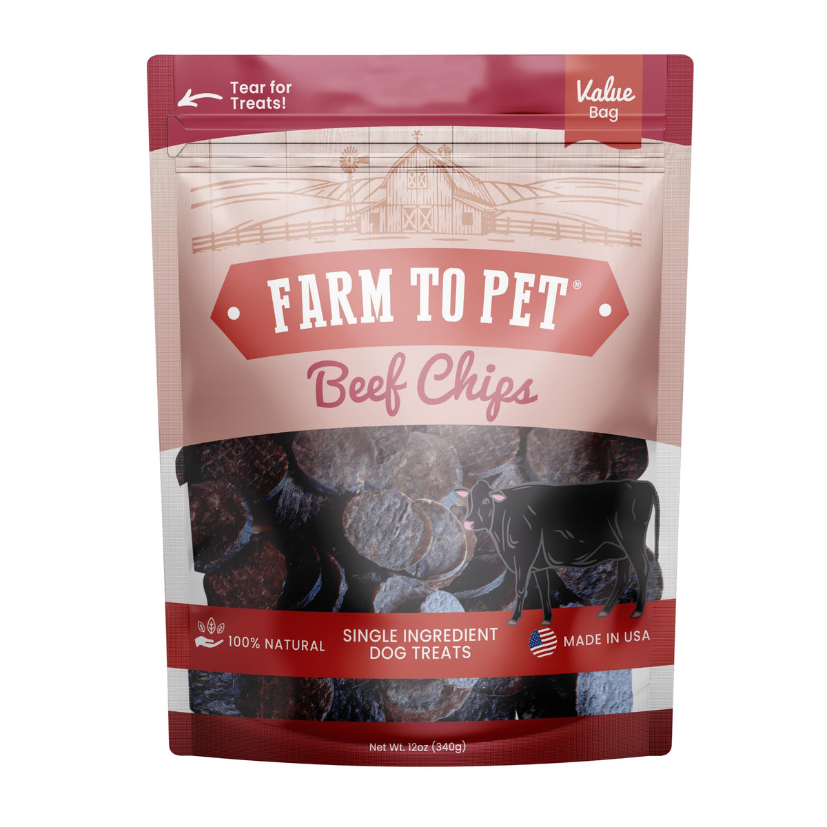 Farm To Pet beef chips training treats front view ideal for quick rewards