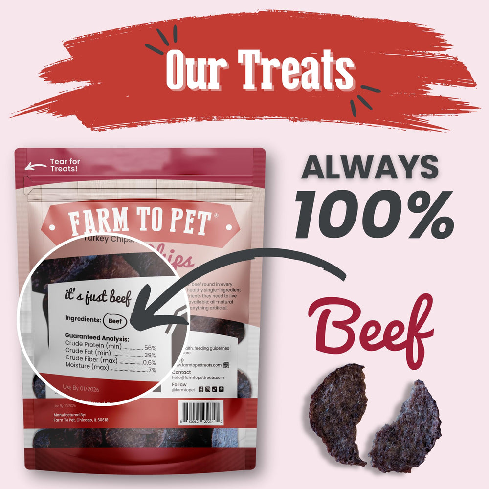 Farm To Pet beef chips label close-up shows single-ingredient beef for simple, trusted choices