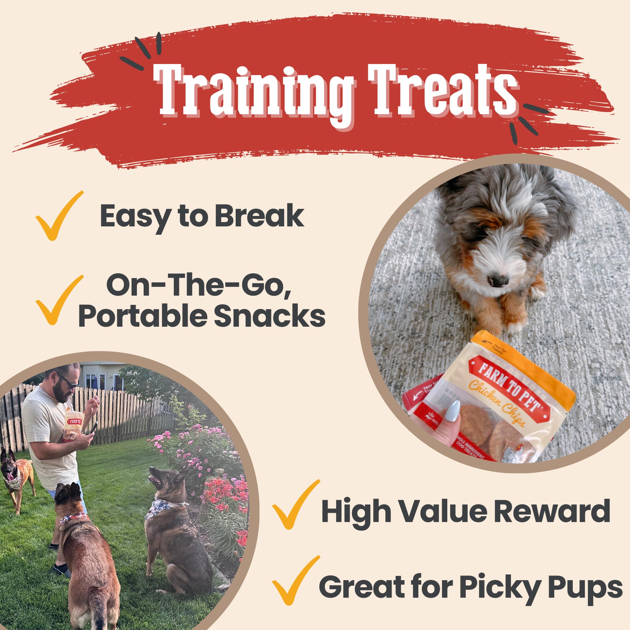Farm To Pet chicken chips close-up emphasizing lean protein for training rewards