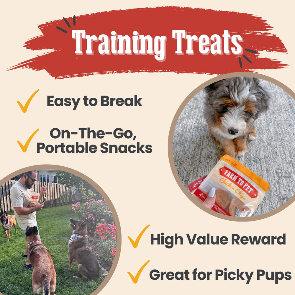 Farm To Pet chicken chips close-up emphasizing lean protein for training rewards