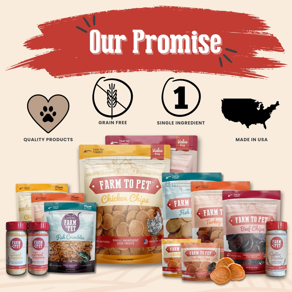 Farm To Pet sampler package close-up showing resealable bag and six packs per flavor