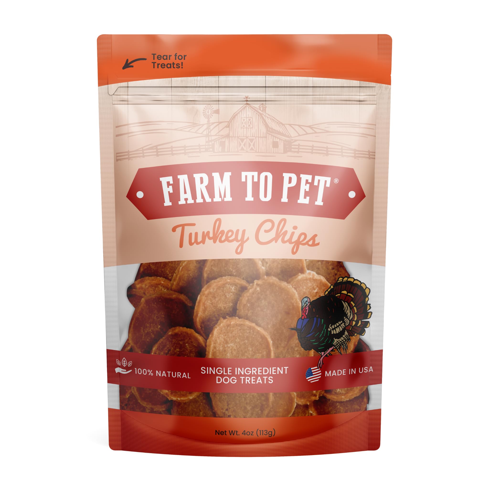Farm To Pet dog training treats turkey chip bag close-up showing training-use packaging.
