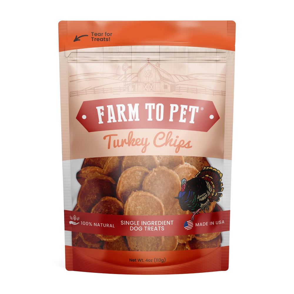 Farm To Pet dog training treats turkey chip bag close-up showing training-use packaging.