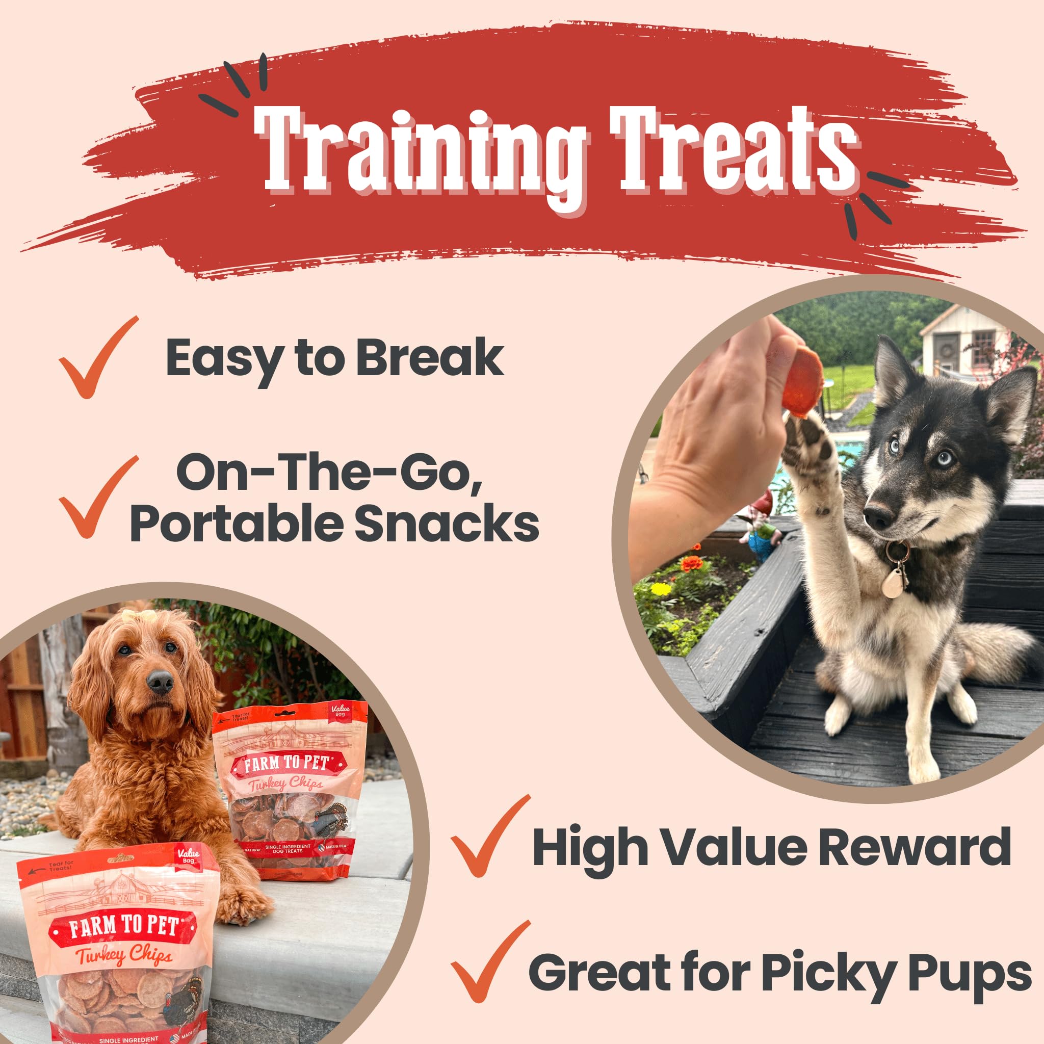 Farm To Pet puppy training treats image demonstrates easy-to-break pieces for puppy obedience cues.