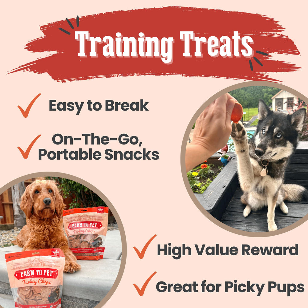 Farm To Pet puppy training treats image demonstrates easy-to-break pieces for puppy obedience cues.