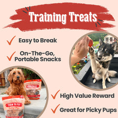 Farm To Pet puppy training treats image demonstrates easy-to-break pieces for puppy obedience cues.