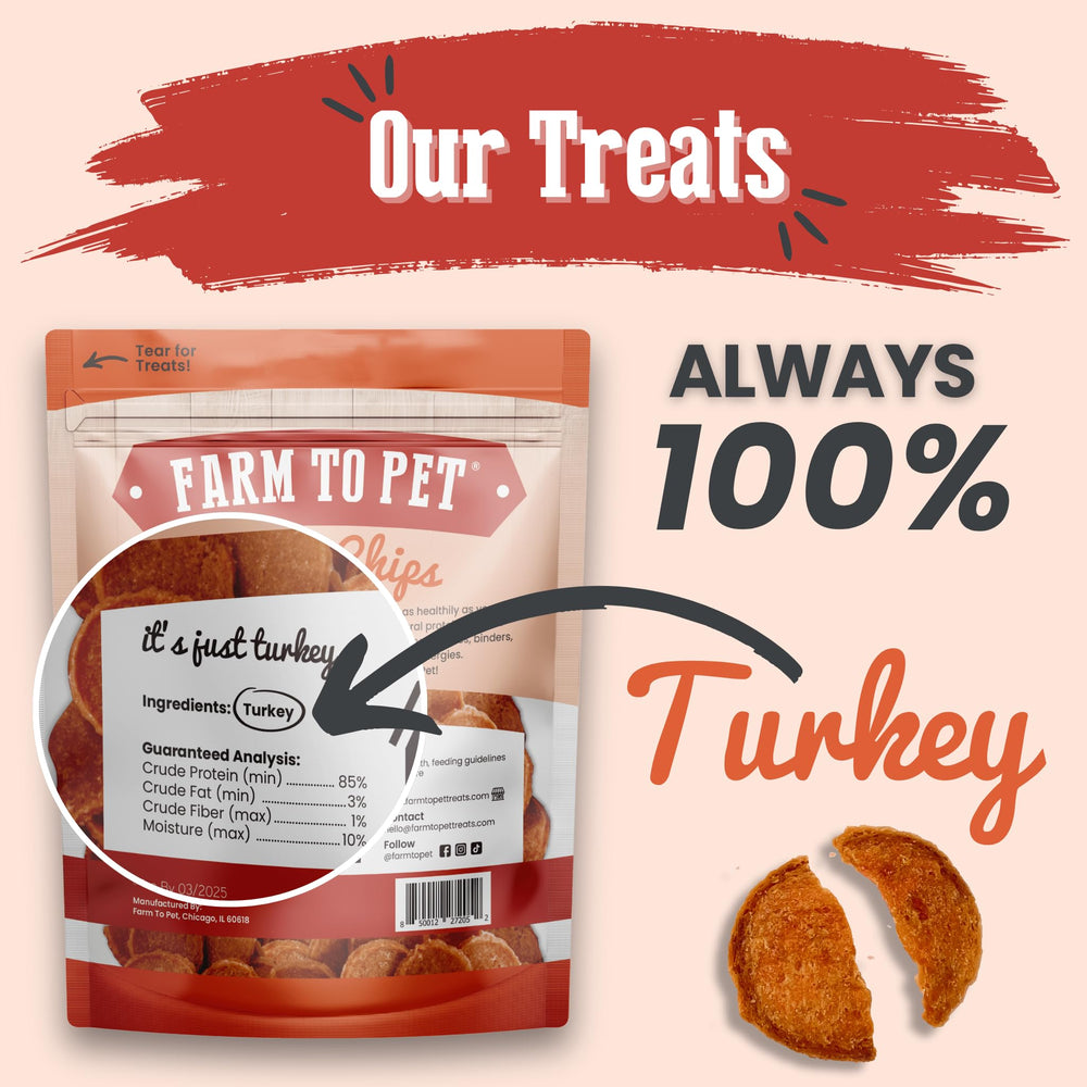 Farm To Pet turkey-chips closeup shows crunchy texture ideal for quick training rewards.