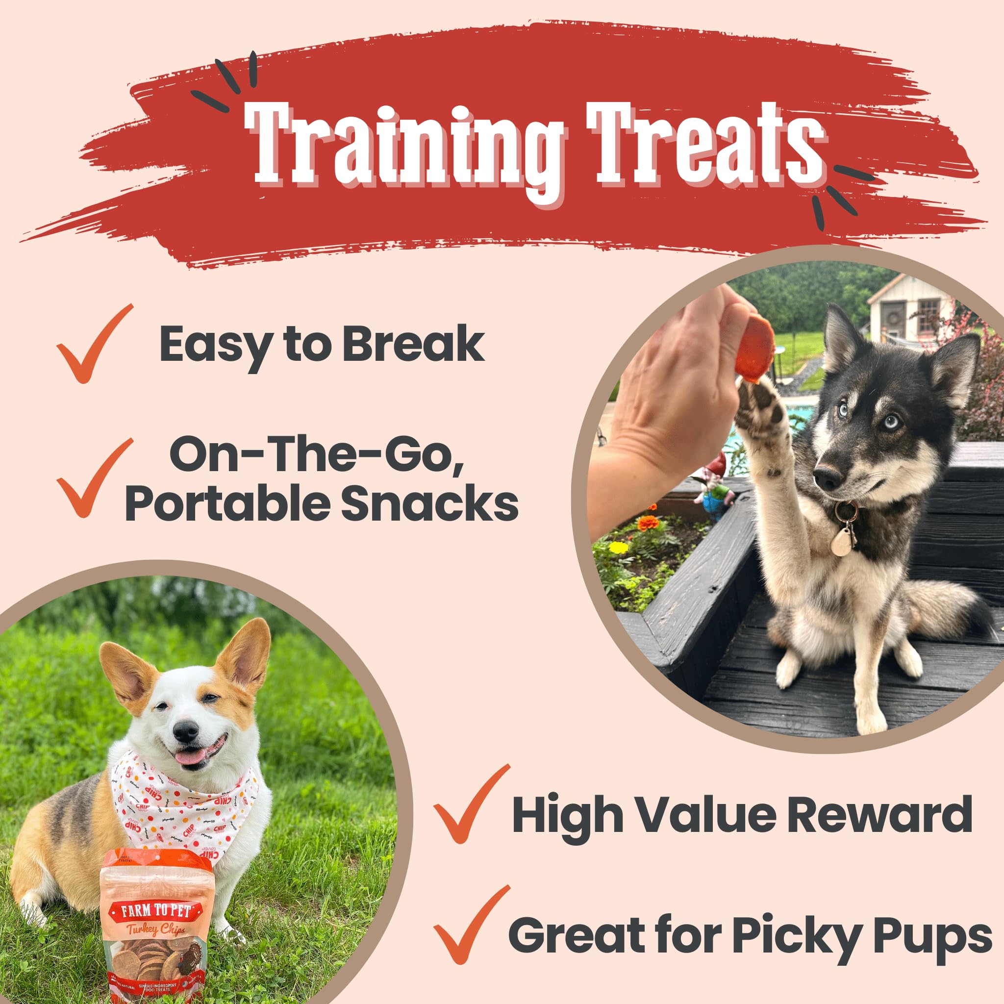 Farm To Pet dog training treats made from 100% human-grade turkey breast—4 oz pack.