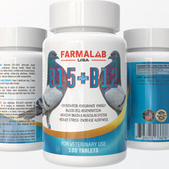 Farmalab B15B12 pigeon tablets bottle shows energy support for racing pigeons