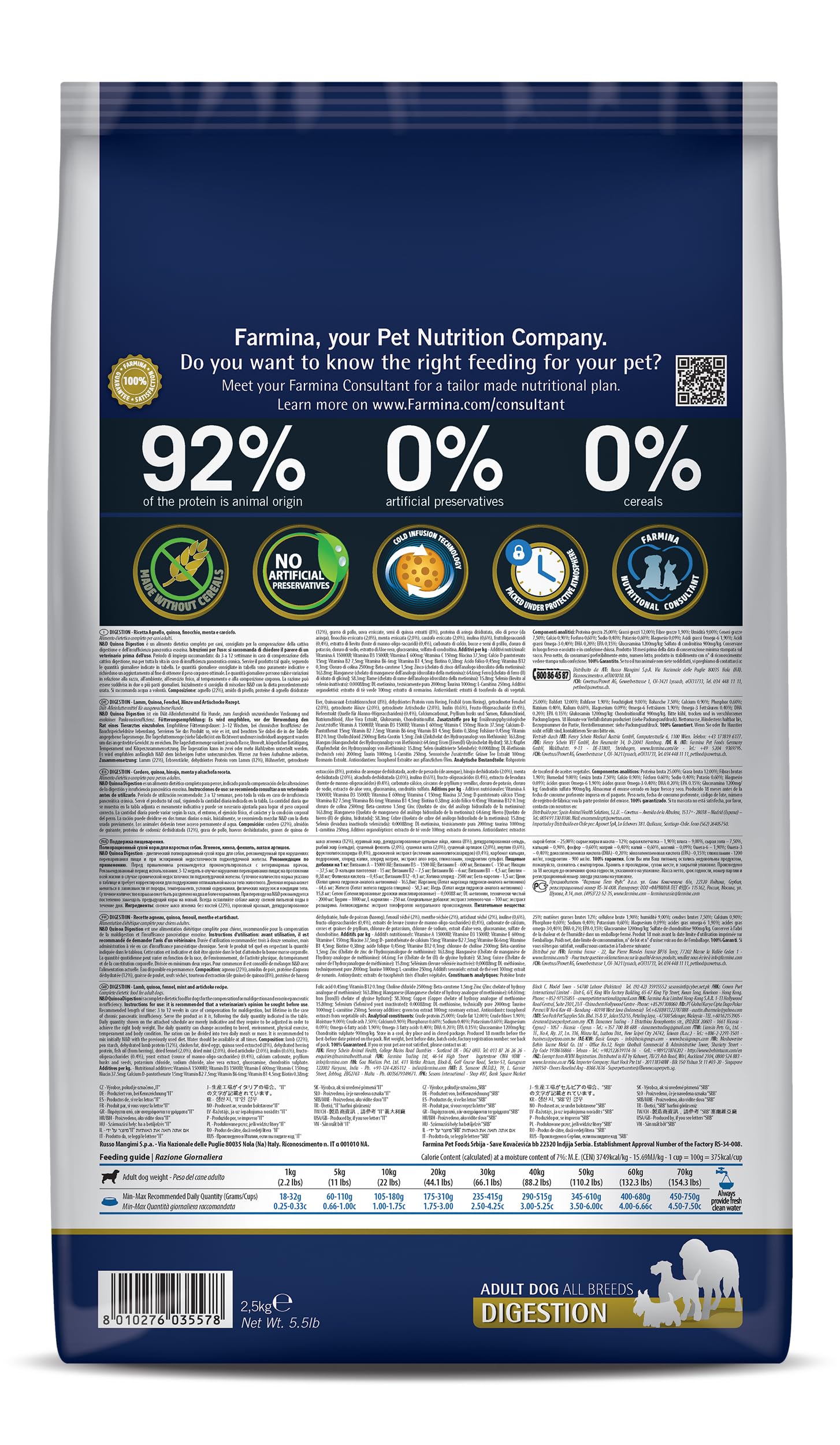 Farmina Digestion Lamb bag front showing natural ingredients and AAFCO compliance