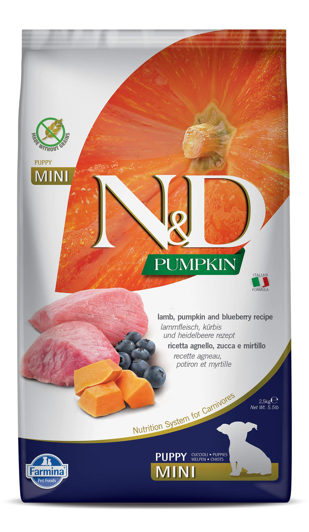 Farmina Dry Mini Puppy Lamb Pumpkin Blueberry bag front for growing puppies