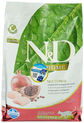Farmina N&D GF Chicken and Pomegranate neutered cat bag closeup highlighting premium chicken protein for muscles